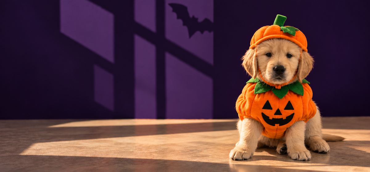 Golden puppy wearing an orange pumpkin costume on a very dark violet Halloween background