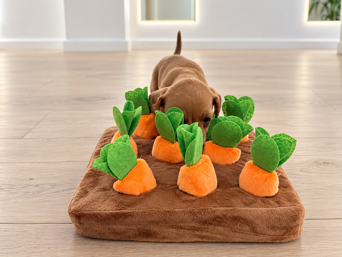 A puppy exploring a carrot-shaped enrichment toy in soft natural daylight