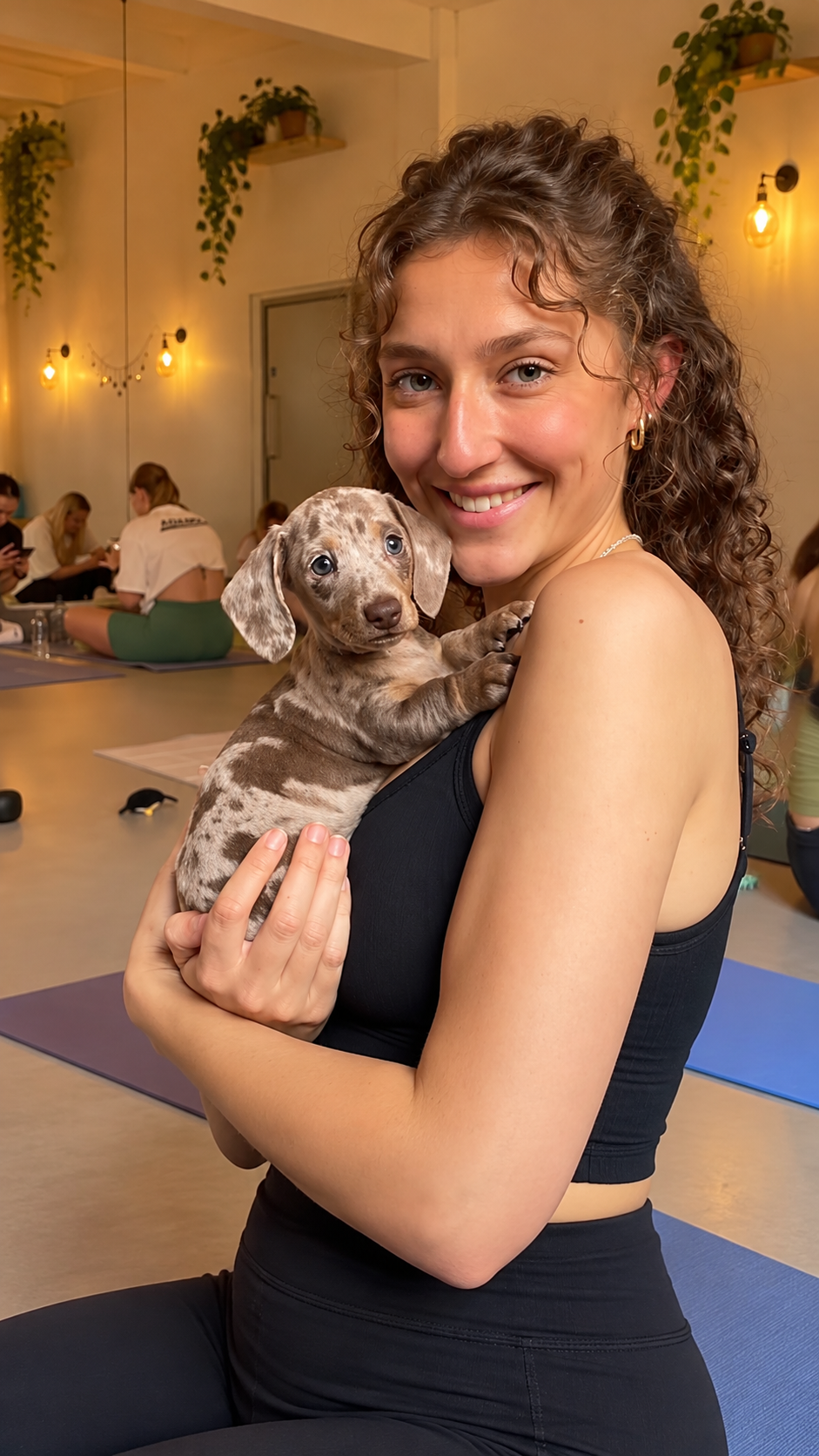 Happy guests with puppies during a Positiva session