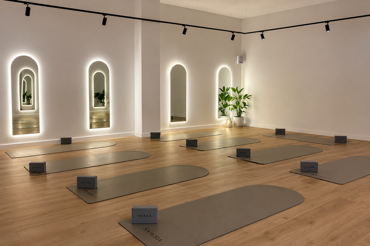 Adelaide yoga studio with mats, yoga blocks and illuminated mirrors