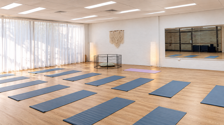 Bright Central Coast yoga studio with blue mats and a puppy rest area
