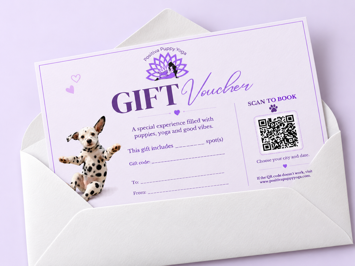 Positiva Puppy Yoga gift voucher presented in an elegant white envelope