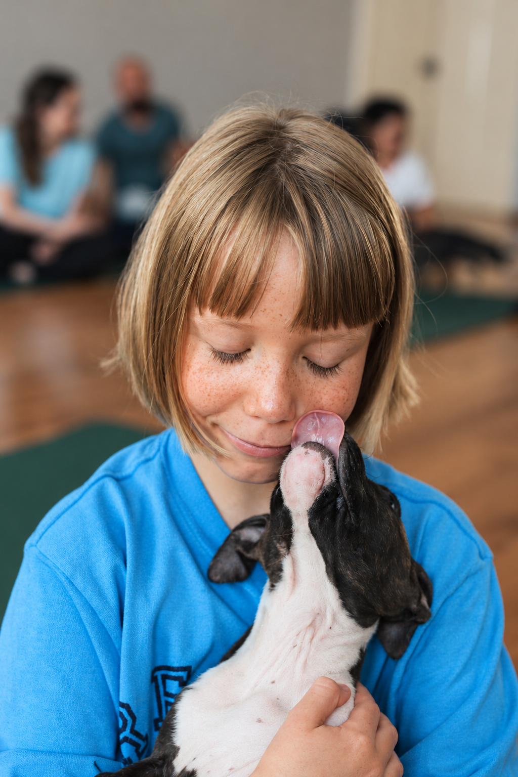 A child enjoying a gentle seated cuddle with a puppy