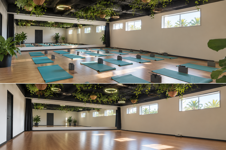 Melbourne yoga studio with hanging plants and yoga mats